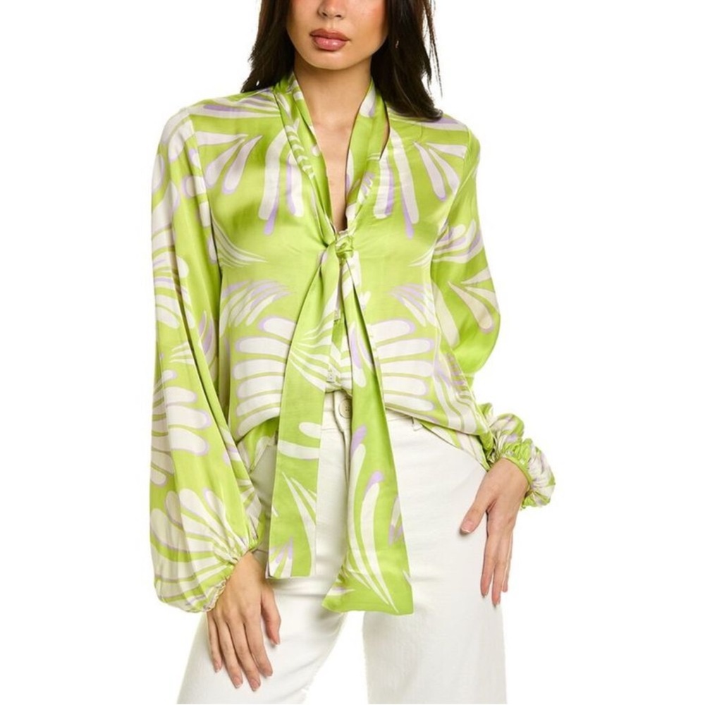 Alexis Lime devyn Green Floral Tie-Neck Satin Blouse